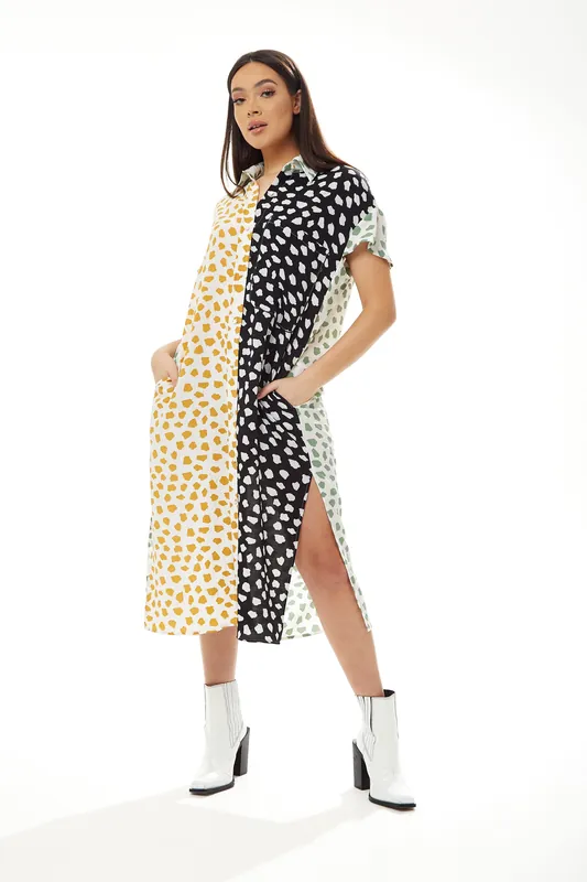 Animal Print Oversized Shirt Dress with Green Collar - Liquorish