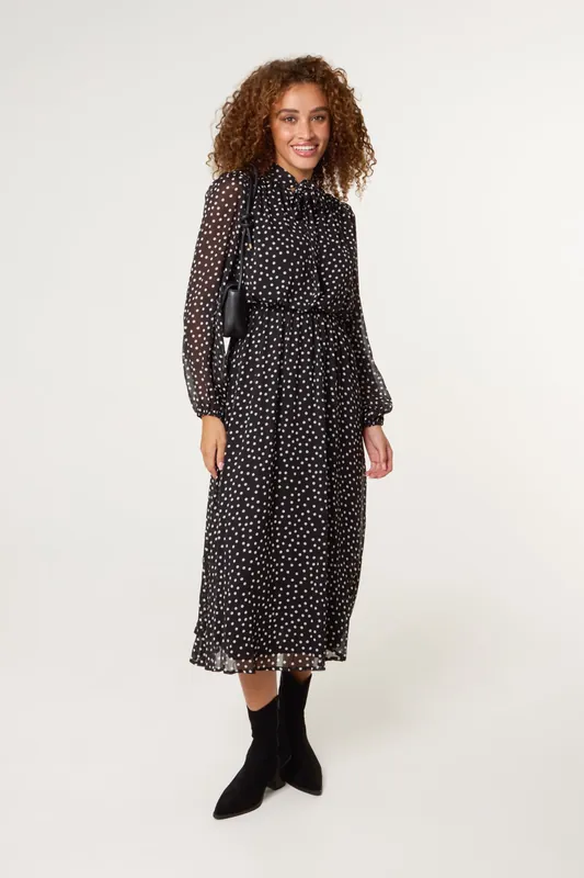 Black Polka Dot Tie Neck Midi Dress - Blue Vanilla