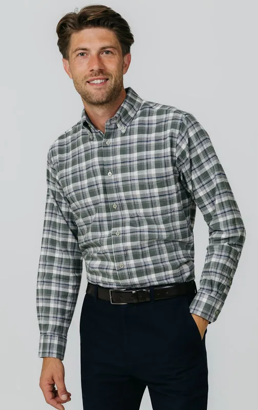 Green and Grey Check Brushed Cotton Shirt - Dobell