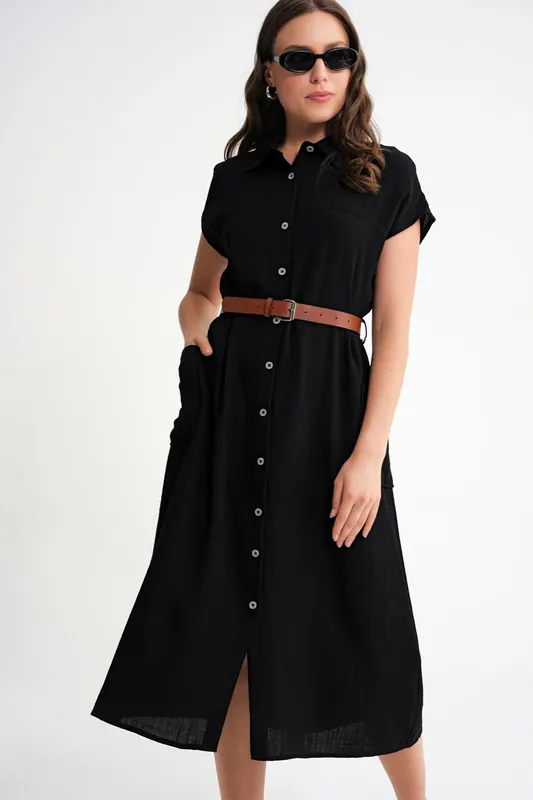 Midi Dress with Belt Detail and Buttoned Collar - MixRay