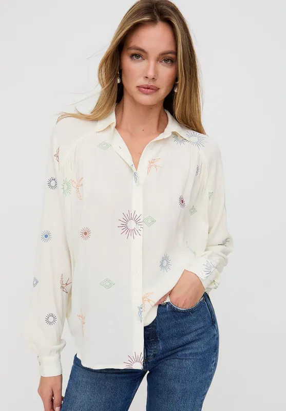 Swallow Crinkle Embroidered Shirt In Cream - Lily and Lionel