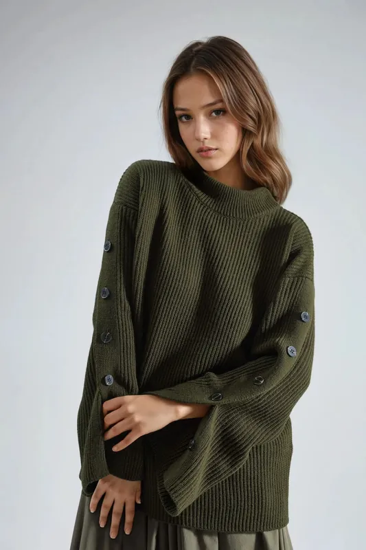 Thick Knit Slit and Button Detailed Sweater - Hiccup