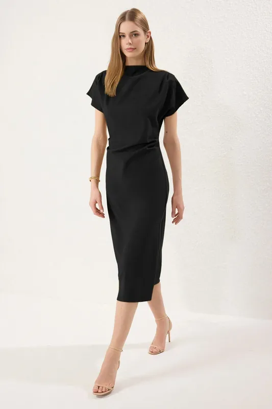 Draped High Neck Midi Dress - WOVCOR