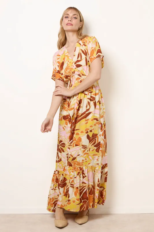 Multi Tropical V Front Shirred Waist Maxi Dress - Blue Vanilla