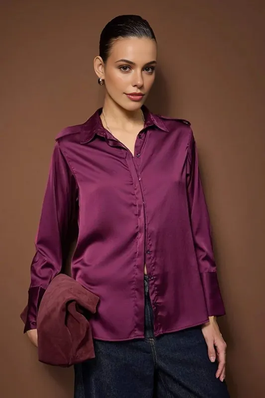 Satin Epaulette Detail Button-Up Shirt