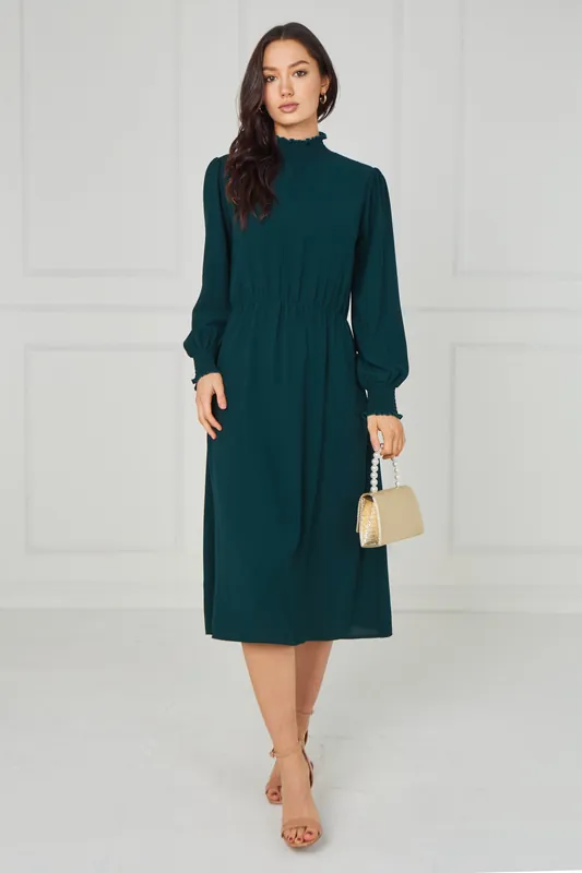 Emerald Green Shirred High Neck Midaxi Dress - Love Sunshine