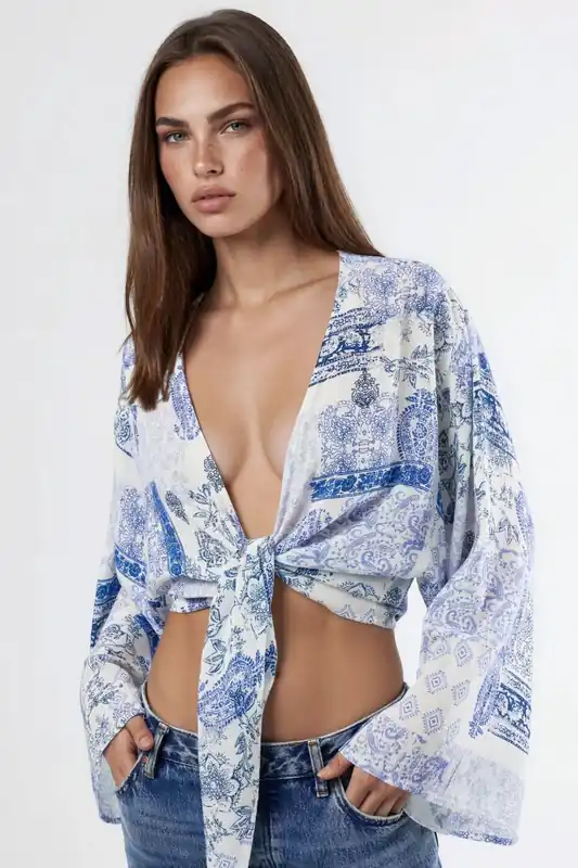 V-Neck Paisley Print Crop Blouse with Tie Detail