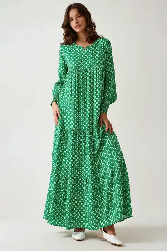 Printed Crew Neck Viscose Maxi Dress - Hiccup