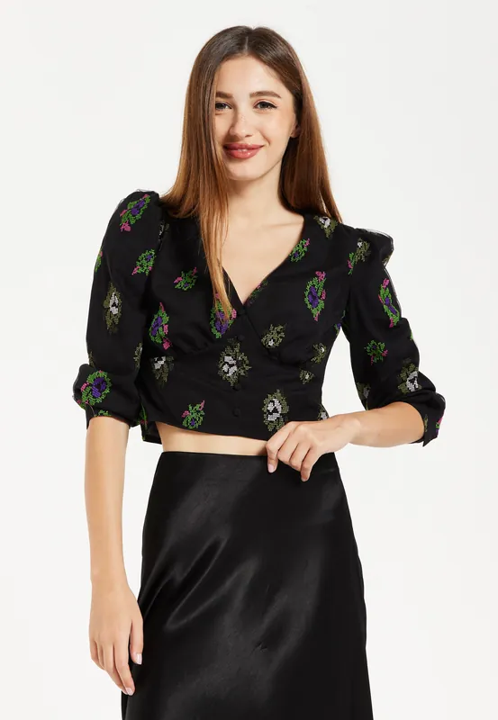 Black Embriodered Top with Mesh Sleeves - Liquorish