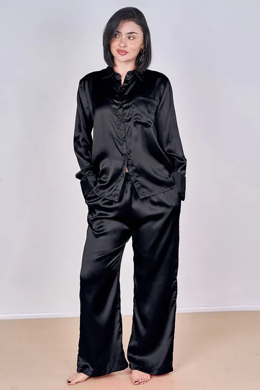 Luxury Satin Pyjama Set Black - ELAINA FASHION