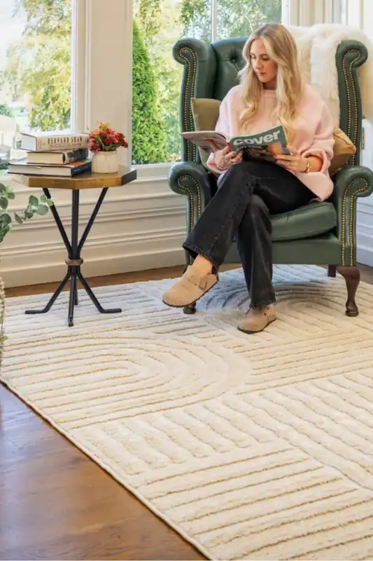 Beige Groove Abstract Living Area Rug - Kukoon