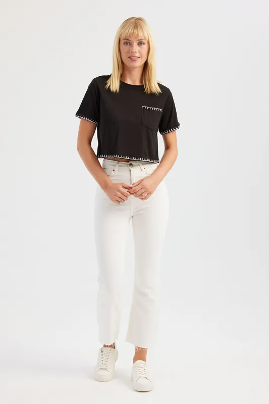 Embroidered Round Neck Cotton T-Shirt