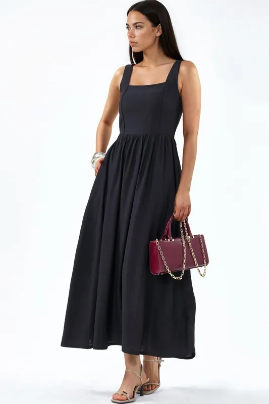 Solid Midi Dress with Square Collar - Busem