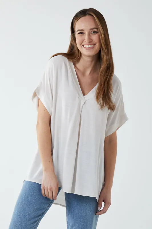 Satin Trim V Neck Top - Blue Vanilla