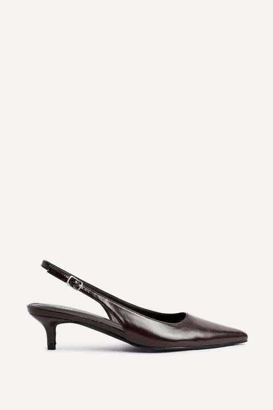 Elvira Brown Faux Leather Slingback Kitten Court Heels - Linzi