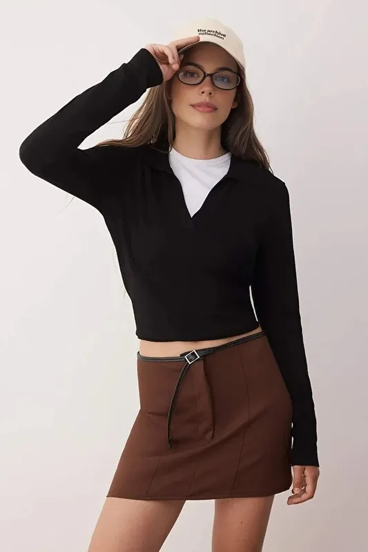 Belted Mini Skort with Seam Detail - WOVCOR