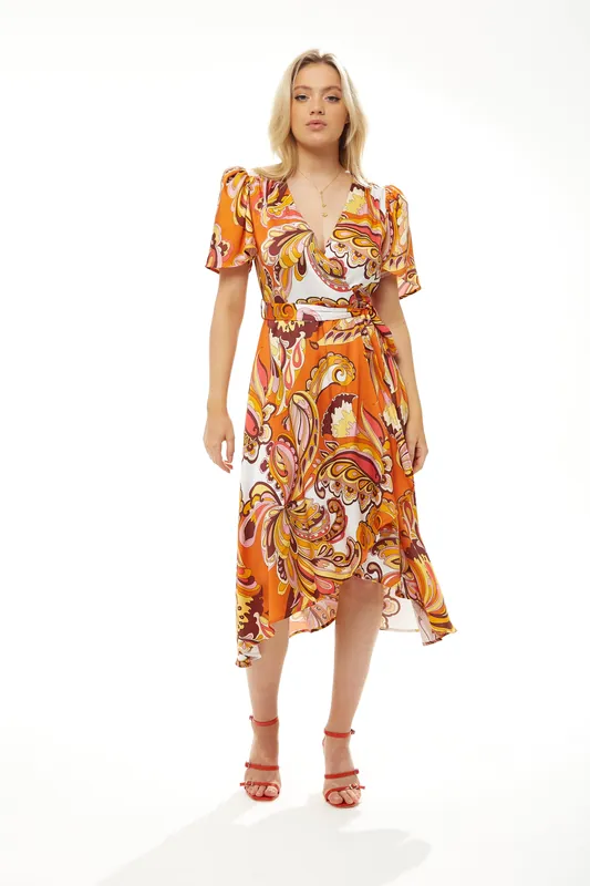 Fake Wrap Midi Dress In Orange Floral - Liquorish