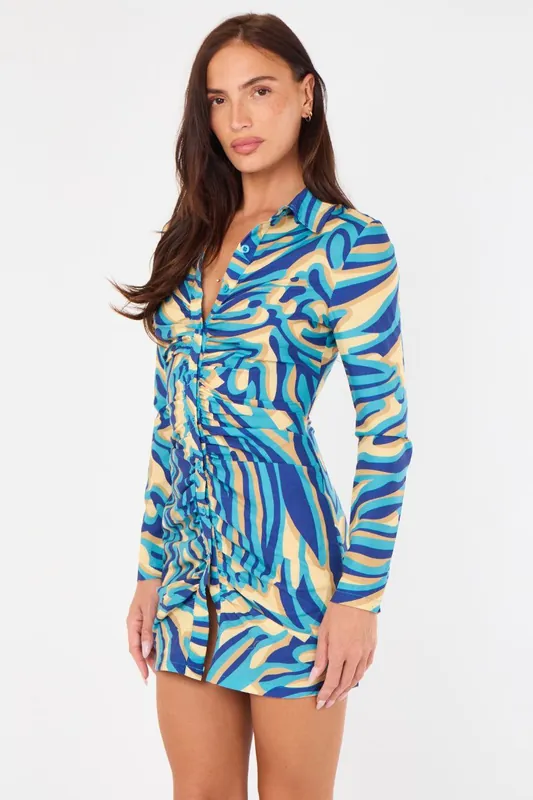 Blue Swirl Print Ruched Shirt Dress - ELAINA FASHION