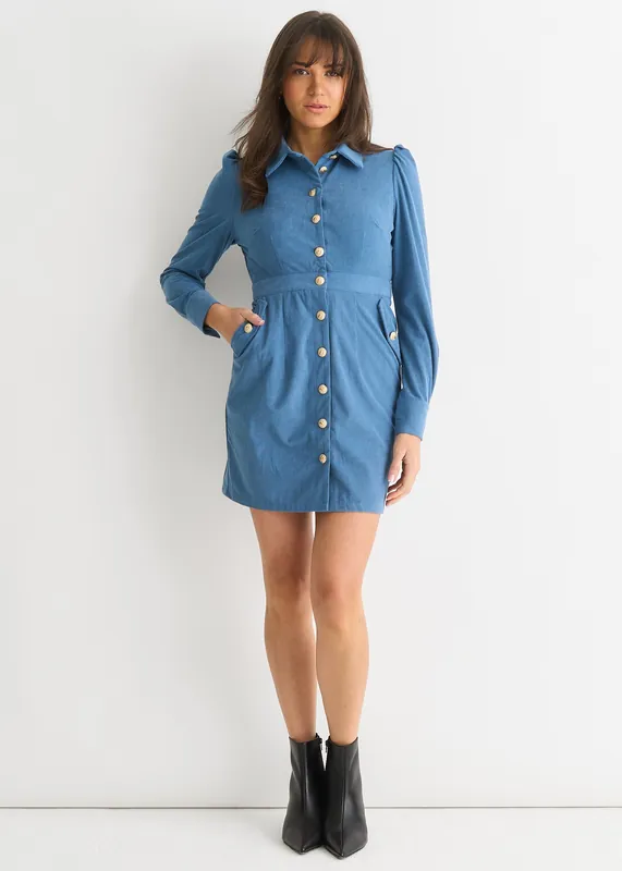 Blue Corduroy Mini Shirt Dress - Gini London