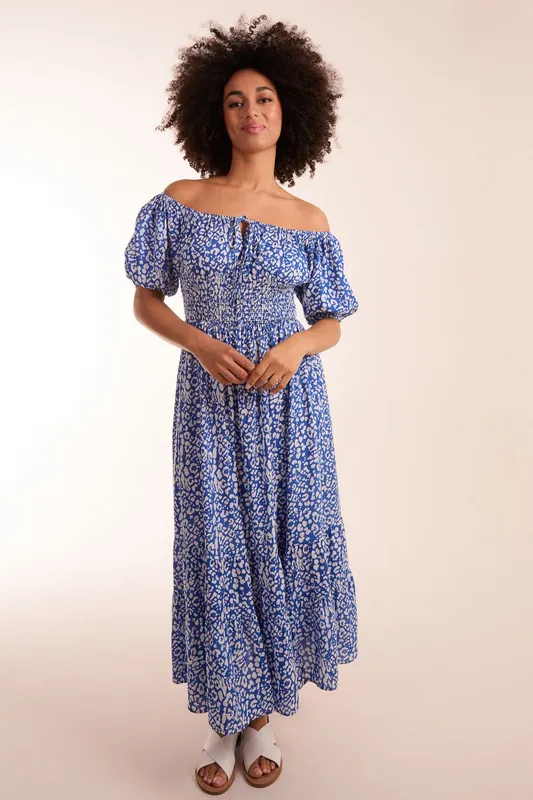 Tie Front Shirred Waist Midi Dress - Blue Vanilla