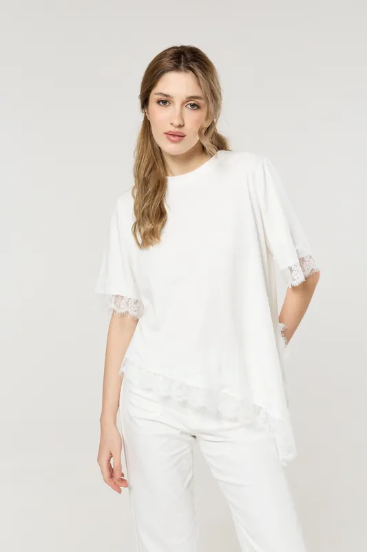 White Asymmetric Lace Trim Cotton T-Shirt