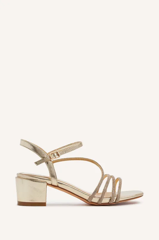 Riri Gold Faux Leather Diamante Strappy Block Heeled Sandal - Linzi