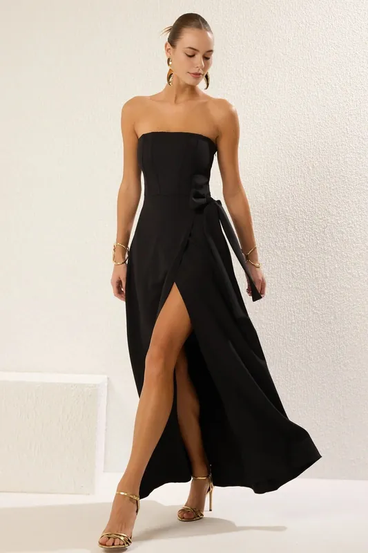 Strapless Tie Back Split Maxi Evening Dress - WOVCOR