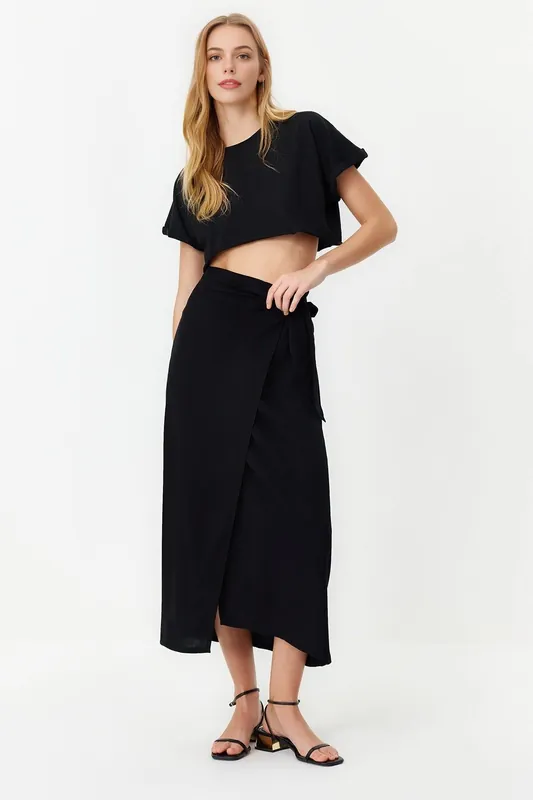 Wrap Midi Woven Skirt with Tie Detail - WOVCOR