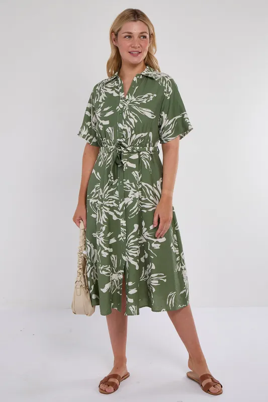 Green Abstract Floral Print Short Sleeve Midi Dress - Love Sunshine