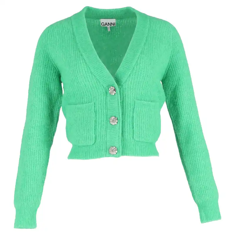 Preloved Crystal-embellished Knitted Cardigan In Green Merino Wool