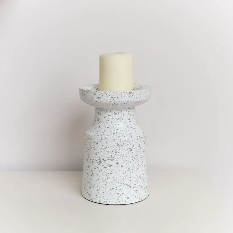 White Speckled Metal Round Pillar Candle Holder - 18cm