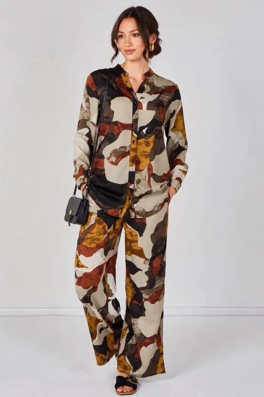 Taupe Abstract Print Shirt and Trouser Co-Ord Set