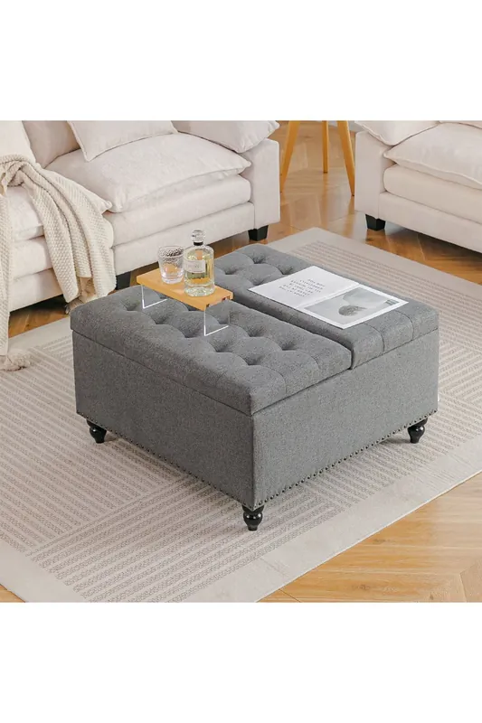 Square Linen Upholstered Storage Ottoman with Lift-Top & Flip Design