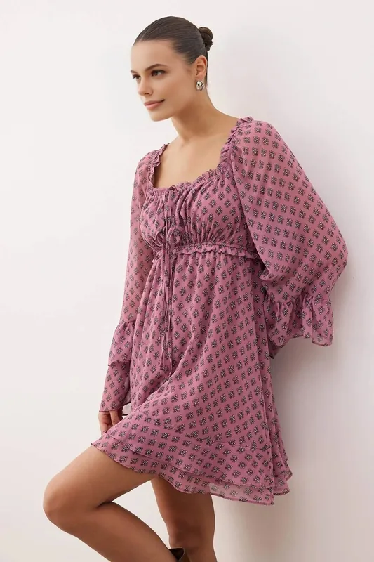 Ruffle Detail Printed Mini Woven Dress - WOVCOR