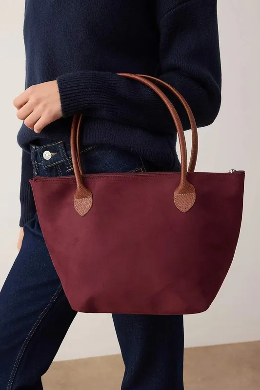 Women's Nylon Zip Top Tote Bag with Contrast Leather-Look Handles