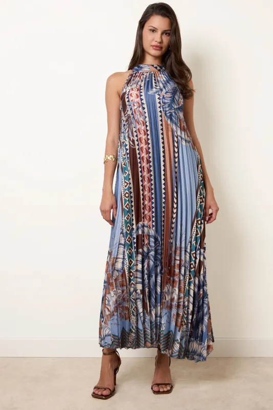 Blue Satin Pleated Dress - Blue Vanilla