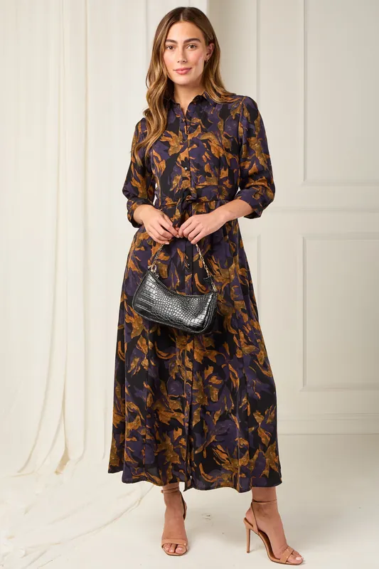 Purple Bronze Leaf Print Maxi Shirt Dress - Love Sunshine