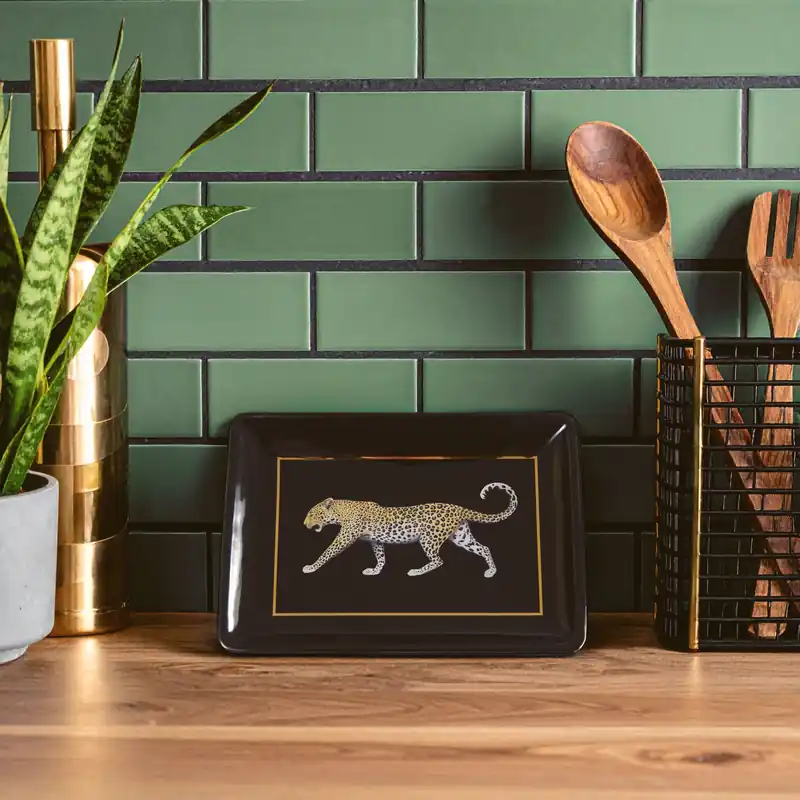 Black & Gold Leo Tray,Elegant Food Tray With Leopard Print,Durable Gold Trim Bar Tray,Multi-Purpose Lap Tray