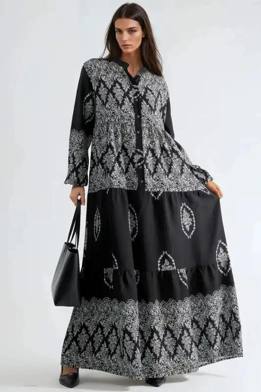 V-Neck Patterned Maxi Dress with Button Closure