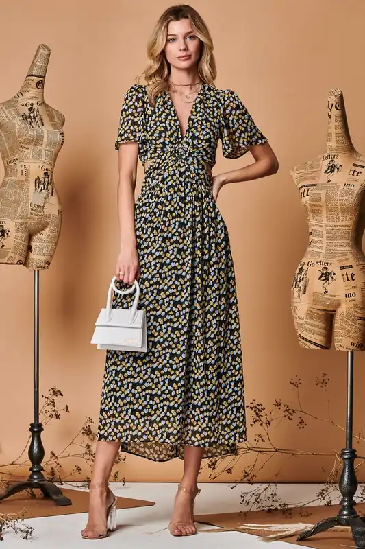 Plunge Neckline Keyhole Chiffon Maxi Dress - Jolie Moi