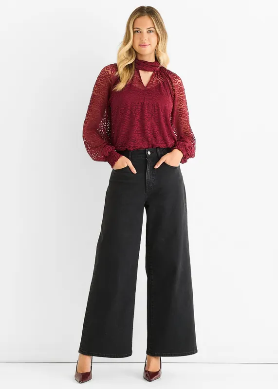 Burgundy Animal Lace Neck Tie Detail Blouse - Gini London