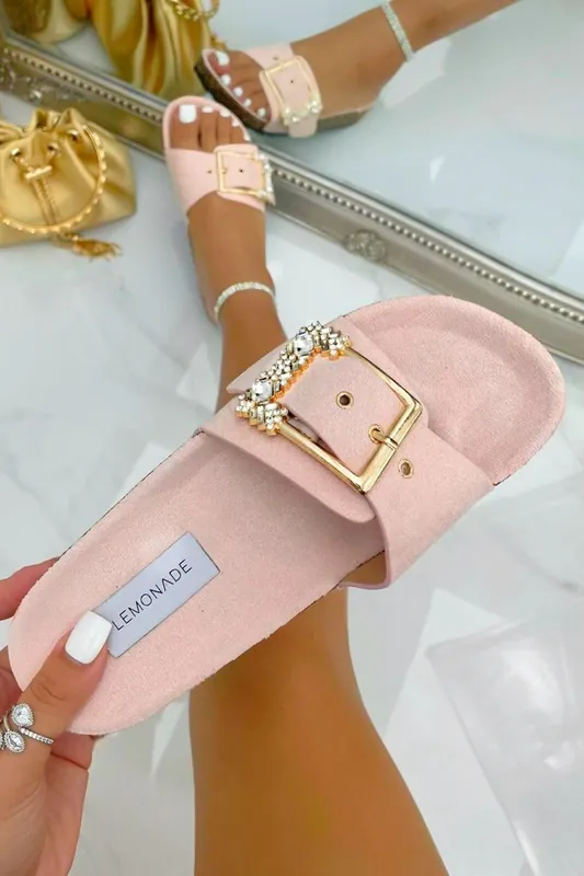Crystal Chunky Buckle Sliders - Love Lemonade