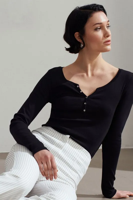 Slim Fit Cotton Long Sleeve Button Blouse - Dilvin