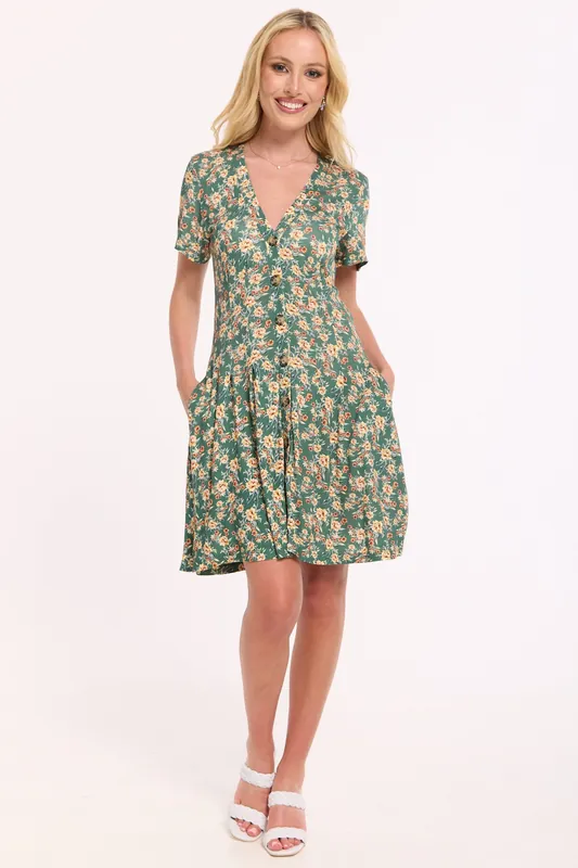 Green Floral Button Front Mini Dress - Liquorish
