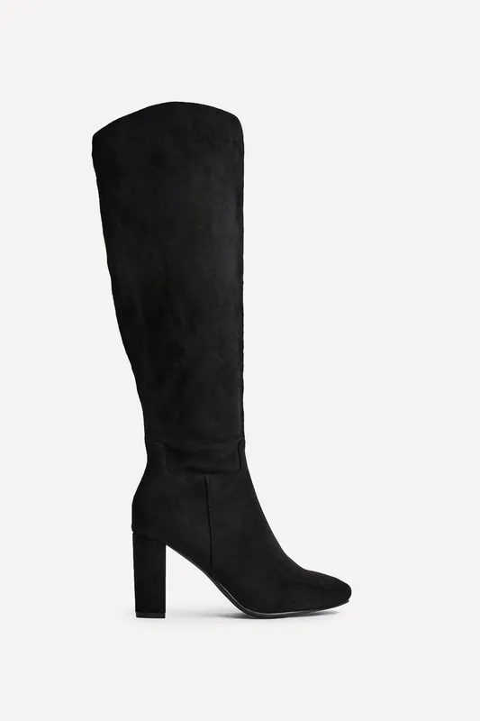 Claim Black Faux Suede Knee High Block Heeled Boot - Linzi