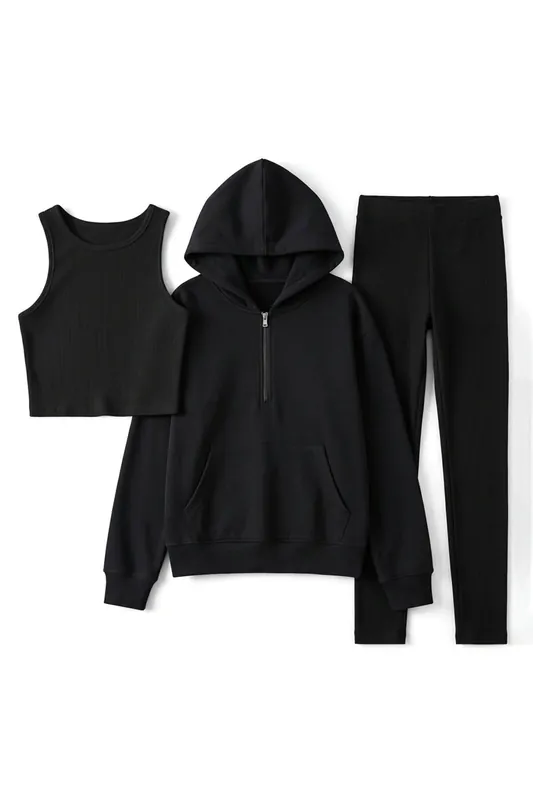 3 Piece Hooded Knit Set with Zip Front Top, Vest and Leggings - WOVCOR