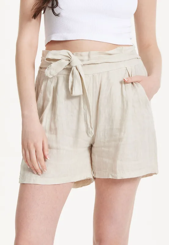 Beige Linen Tie Waist Shorts - Liquorish
