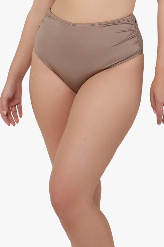 Jade Taupe High Waist High Leg Ruched Bikini Bottom - Wolf & Whistle