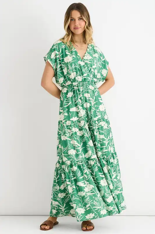 Green Floral Elastic Waist Maxi Dress - Gini London