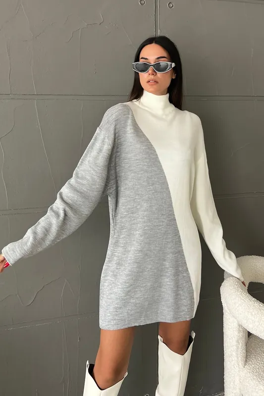 Knitted Geometric High Neck Long Sleeve Mini Dress - Hiccup